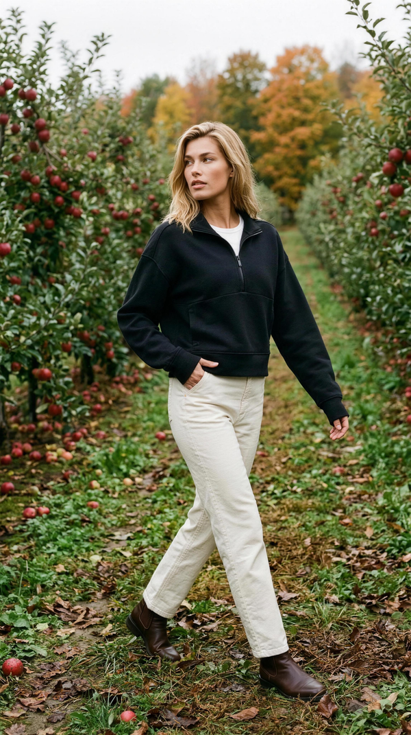 TravisMathew SkyLoft Soft 1/2 Zip Pullover in black over a white tee with cream trousers, walking an apple orchard row near Stowe, Vermont in mid-October.