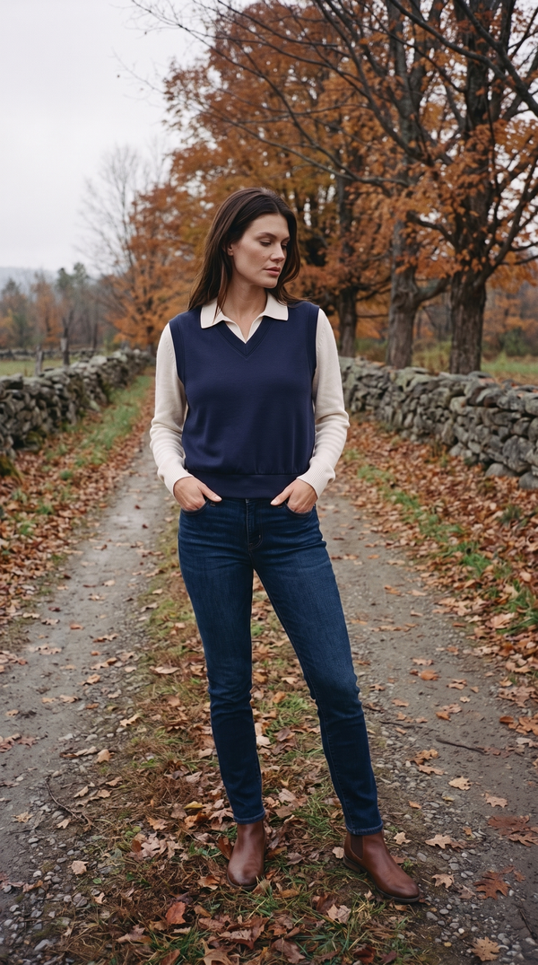 SkyLoft Soft Vest - Navy Blazer — Stowe: closed navy pullover sweater-vest over an ivory collared polo with indigo denim and brown leather boots on a Vermont farm track