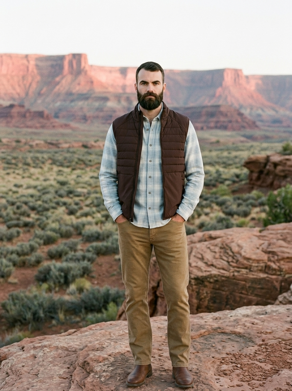 7 Diamonds Atlas Vest in Bordeaux on a Utah high desert overlook