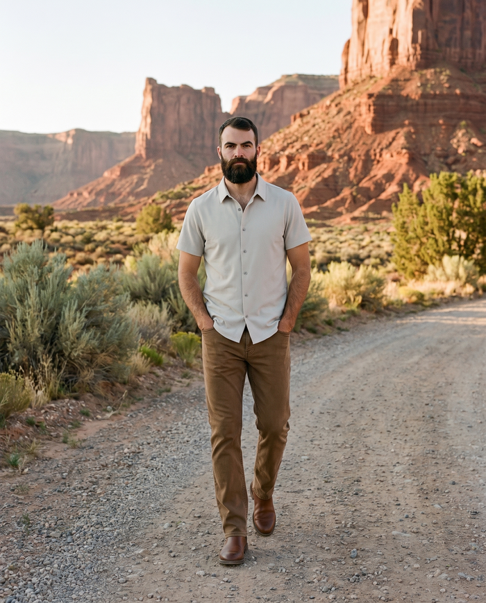 7 Diamonds Generation 5-Pocket Pant in Vintage Oak on a Utah gravel road