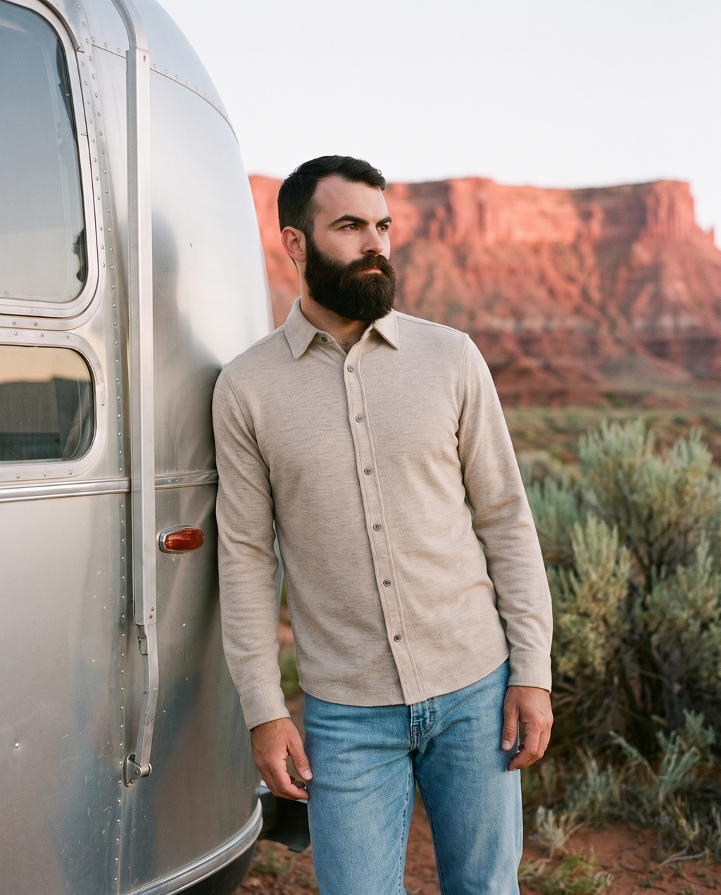 7 Diamonds Generation Heathered Knit Shirt in Beige at a Utah airstream campsite