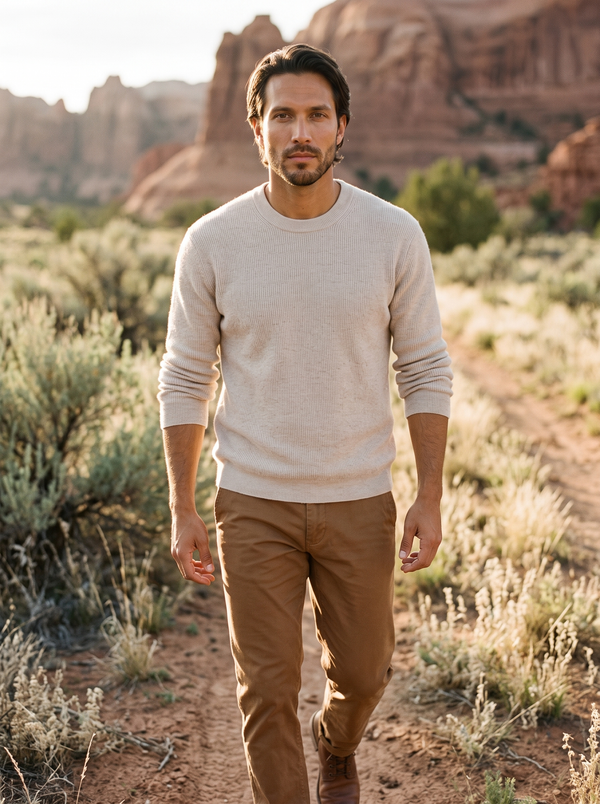 7 Diamonds Harrison Ribbed Sweater in Jasmine in the Utah high desert