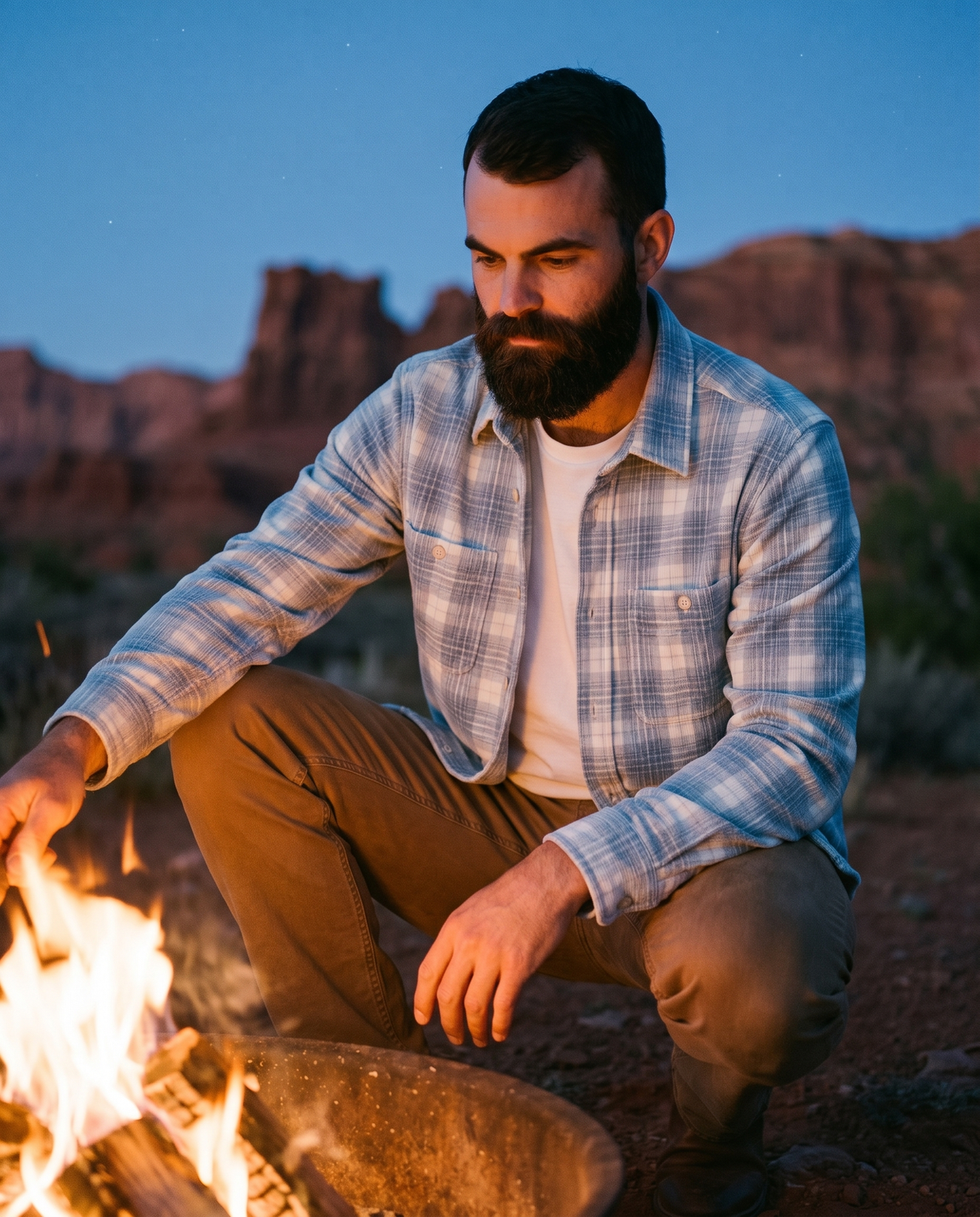 7 Diamonds Pearce Brushed Corduroy Shirt in Natural at a Utah campfire