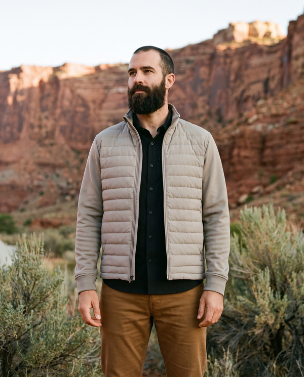 7 Diamonds REV Puffer Full Zip in Clay in the Utah red rock high desert
