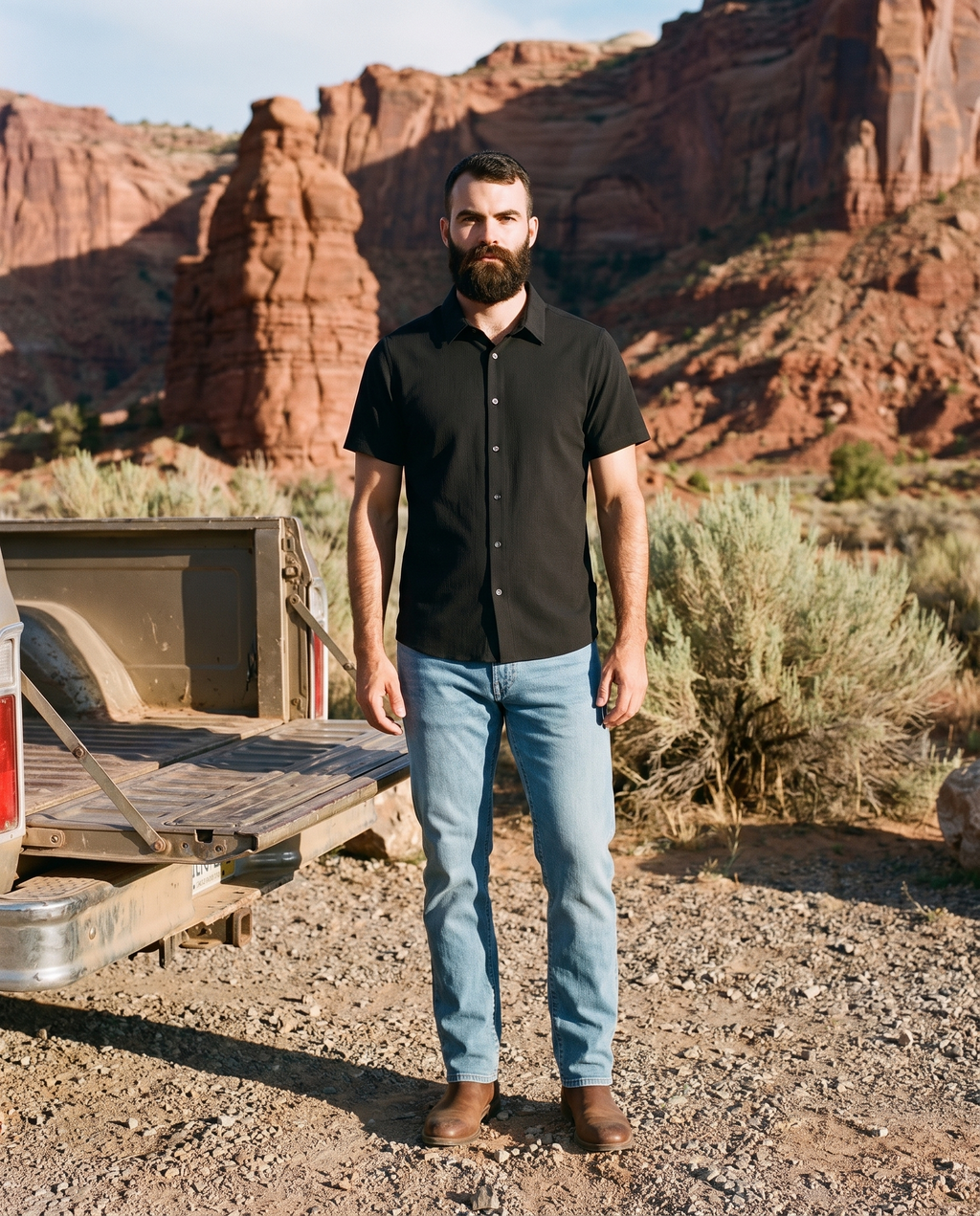 7 Diamonds Union Athletic Fit Denim in Breakwater at a Utah trailhead