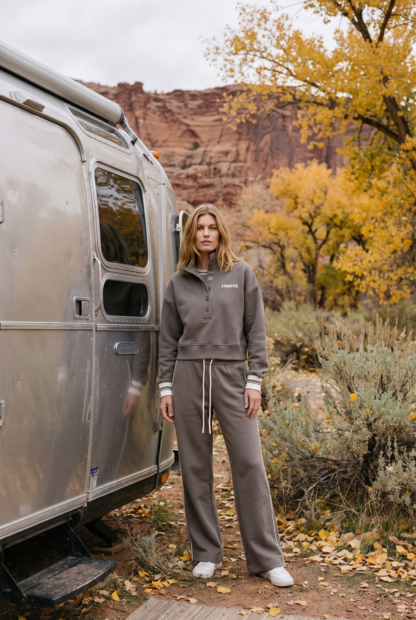 Fore-té Varsity Sweatshirt and Sweatpant in Olive, Utah red rock campsite